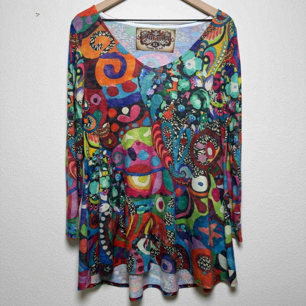Amma Women Tunic Top XL Multi Color Psychedelic Abstract Long Sleeve V-Neck